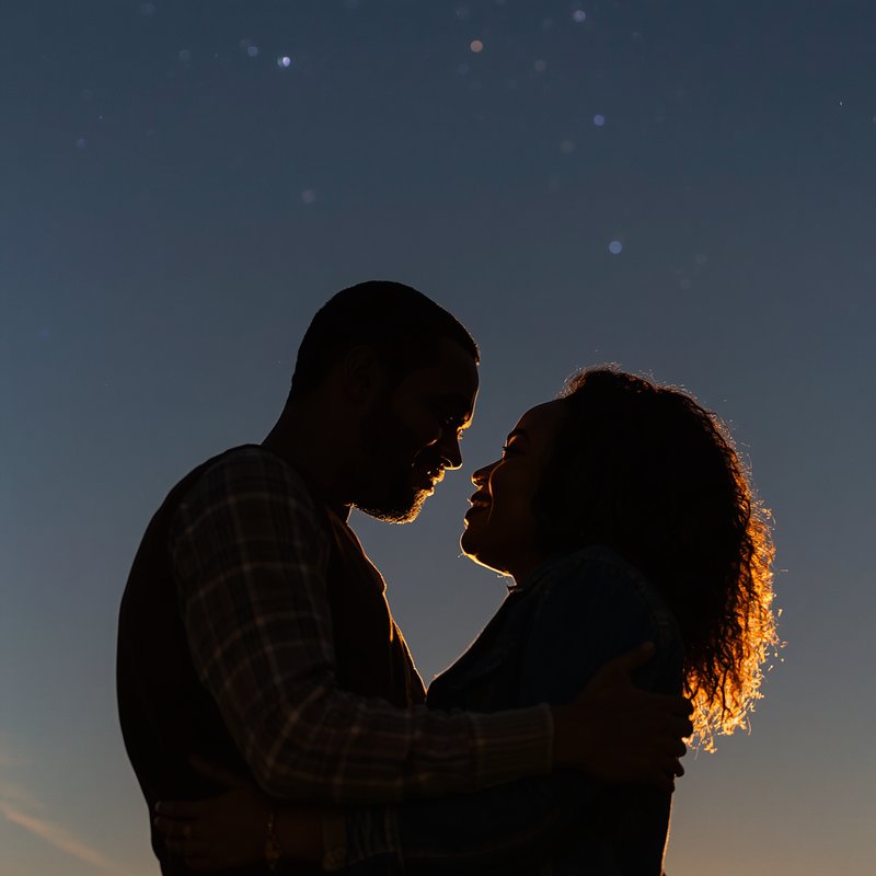 A couple silhouetted against a starlit sky, foreheads touching